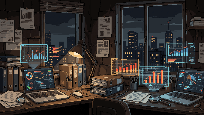 Epoch's desk at night: case files, a desk lamp, and charts Entropy has pulled up over the city